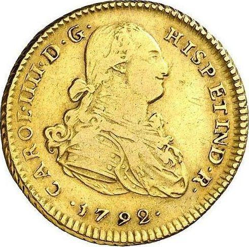 Awers monety - 2 escudo 1792 IJ - cena złotej monety - Peru, Karol IV