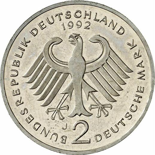 Реверс монеты - 2 марки 1992 года J "Курт Шумахер" - цена  монеты - Германия, ФРГ