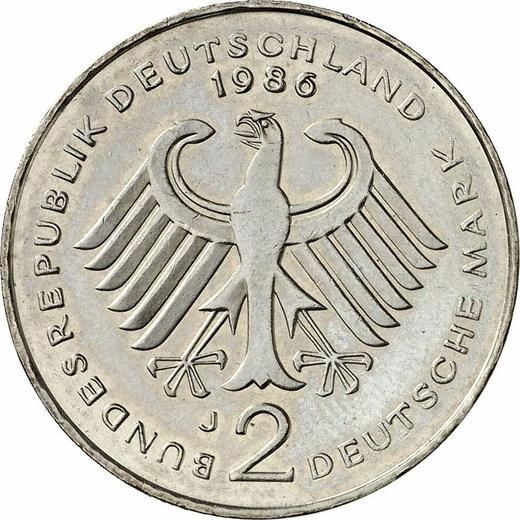 Reverse 2 Mark 1986 J "Konrad Adenauer" -  Coin Value - Germany, FRG