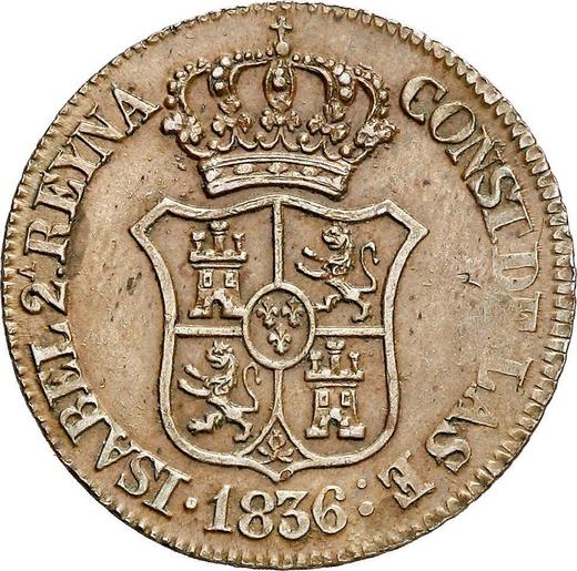 Аверс монеты - 3 куарто 1836 года "Каталония" Надпись "CATHAL / III QUAR" - цена  монеты - Испания, Изабелла II