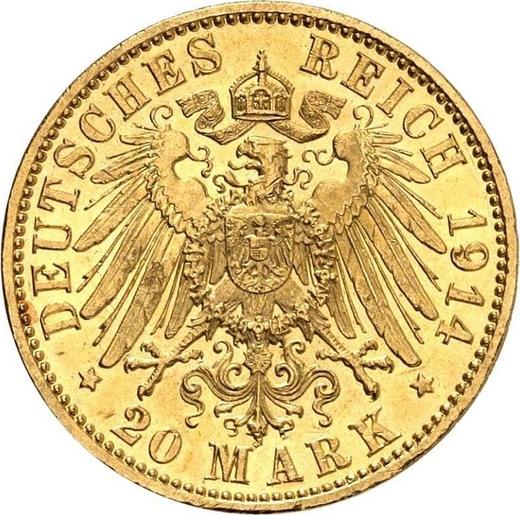 Реверс монеты - 20 марок 1914 года E "Саксония" - цена золотой монеты - Германия, Германская Империя