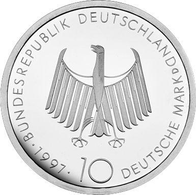 Реверс монеты - 10 марок 1997 года D "Дизельный двигатель" - цена серебряной монеты - Германия, ФРГ