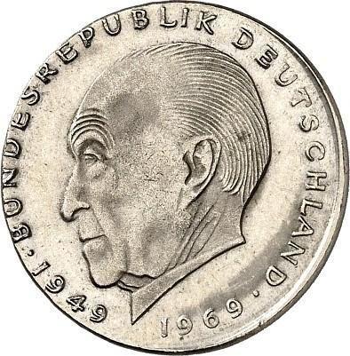Аверс монеты - 2 марки 1969-1987 года "Аденауэр" Смещение штемпеля - цена  монеты - Германия, ФРГ