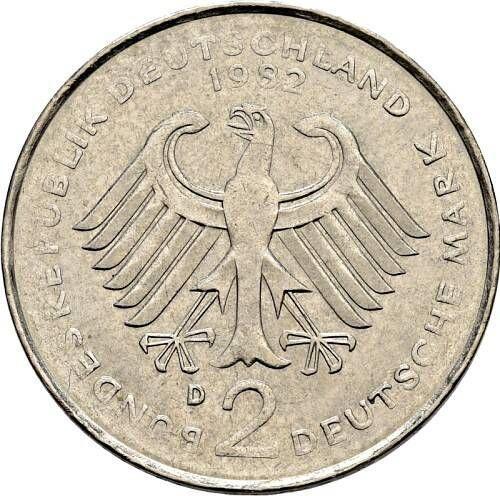Реверс монеты - 2 марки 1979-1993 года "Курт Шумахер" Малый вес - цена  монеты - Германия, ФРГ