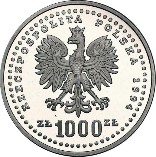 Awers monety - 1000 złotych 1994 MW "XV Puchar świata - FIFA USA 1994" - cena srebrnej monety - Polska, III RP po denominacji