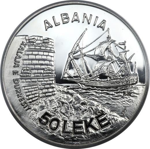 Аверс монеты - Пробные 50 леков 1986 года "Порт Дураццо" Палладий - цена палладиевой монеты - Албания, Народная Республика