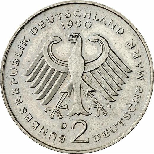 Reverso 2 marcos 1990 D "Franz Josef Strauß" - valor de la moneda  - Alemania, RFA