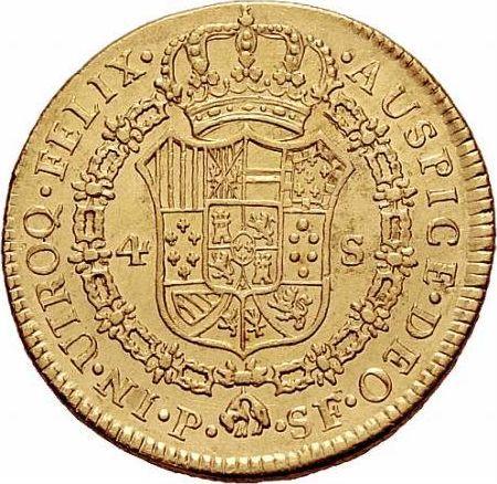 Реверс монеты - 4 эскудо 1777 года P SF - цена золотой монеты - Колумбия, Карл III