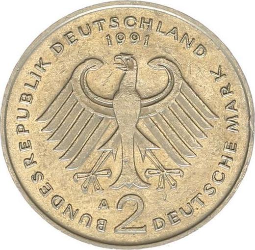 Reverse 2 Mark 1991 A "Kurt Schumacher" -  Coin Value - Germany, FRG