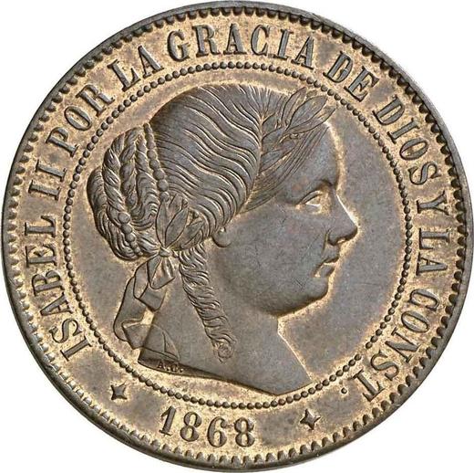 Аверс монеты - 5 сентимо эскудо 1868 года OM Четырёхконечные звезды - цена  монеты - Испания, Изабелла II