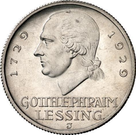 Реверс монеты - 3 рейхсмарки 1929 года J "Лессинг" - цена серебряной монеты - Германия, Bеймарская республика