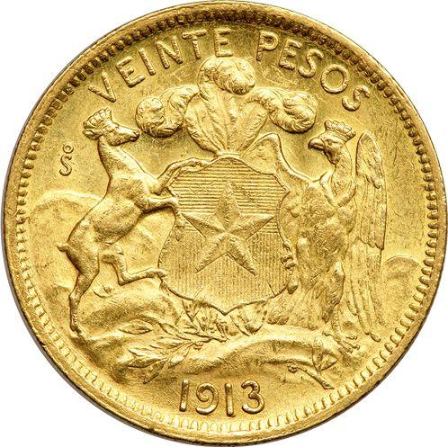 Reverso 20 Pesos 1913 So - valor de la moneda de oro - Chile, República