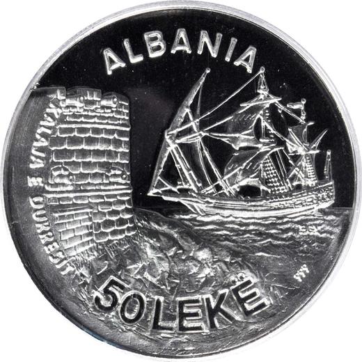 Аверс монеты - Пробные 50 леков 1986 года "Порт Дураццо" Платина - цена платиновой монеты - Албания, Народная Республика