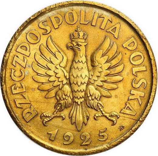 Аверс монеты - Пробные 5 злотых 1925 года ⤔ "Ободок 100 точек" Латунь - цена  монеты - Польша, II Республика