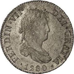Аверс монеты - 2 реала 1280 (1820) года M GJ Дата "1280" - цена серебряной монеты - Испания, Фердинанд VII