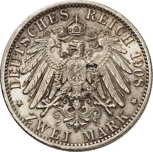 Reverso 2 marcos 1908 A "Sajonia-Weimar-Eisenach" Universidad de Jena - valor de la moneda de plata - Alemania, Imperio alemán
