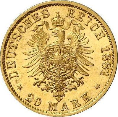 Reverso 20 marcos 1881 J "Hamburg" - valor de la moneda de oro - Alemania, Imperio alemán