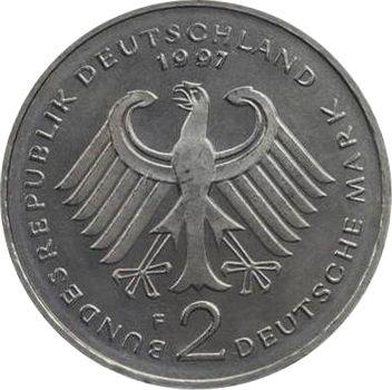 Rewers monety - 2 marki 1997 F "Ludwig Erhard" - cena  monety - Niemcy, RFN