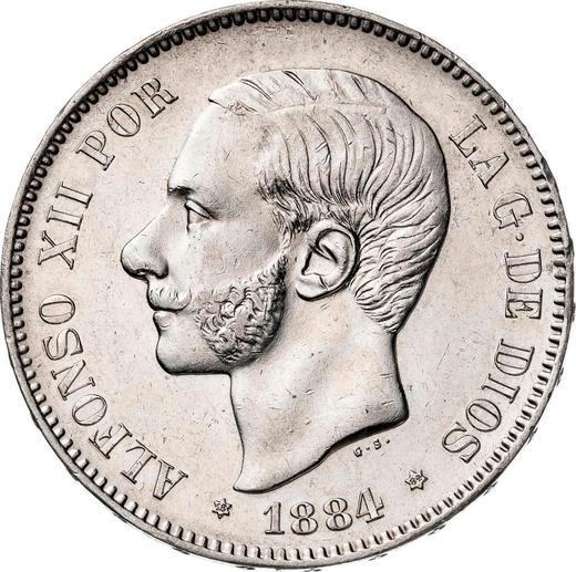 Аверс монеты - 5 песет 1884 года MSM - цена серебряной монеты - Испания, Альфонсо XII