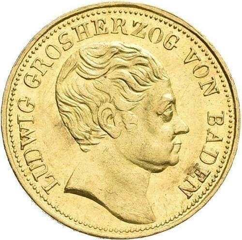 Аверс монеты - 5 гульденов 1824 года - цена золотой монеты - Баден, Людвиг I