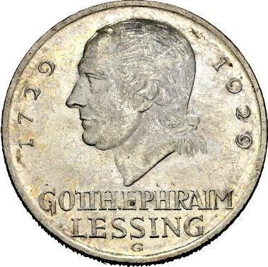 Rewers monety - 5 reichsmark 1929 G "Lessing" - cena srebrnej monety - Niemcy, Republika Weimarska