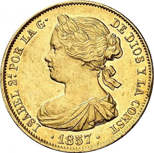 Аверс монеты - 100 реалов 1857 года Шестиконечные звёзды - цена золотой монеты - Испания, Изабелла II