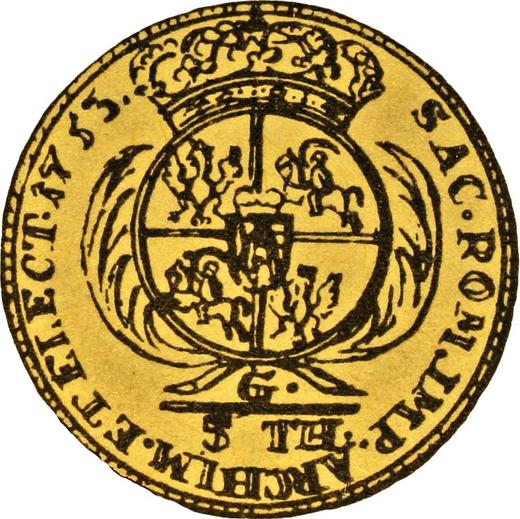 Reverso 5 táleros (1 augustdor) 1753 G "de Corona" - valor de la moneda de oro - Polonia, Augusto III