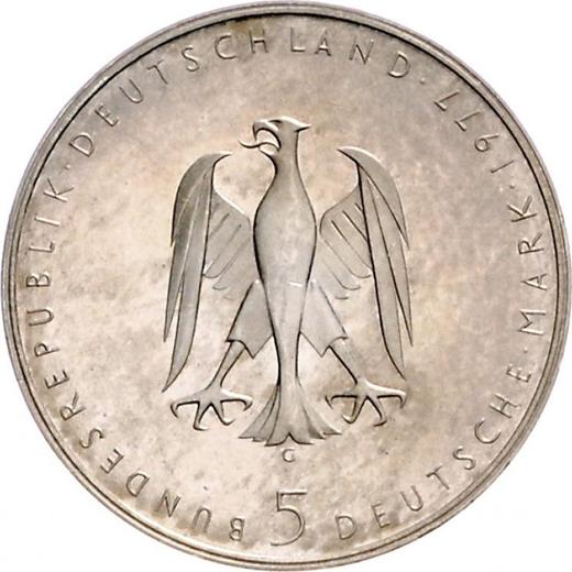Реверс монеты - 5 марок 1977 года G "Генрих фон Клейст" Малый вес - цена серебряной монеты - Германия, ФРГ