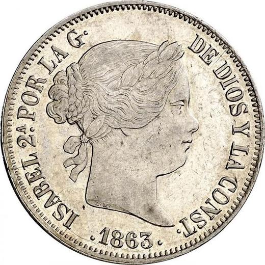 Аверс монеты - 20 реалов 1863 года "Тип 1855-1864" Восьмиконечные звёзды - цена серебряной монеты - Испания, Изабелла II