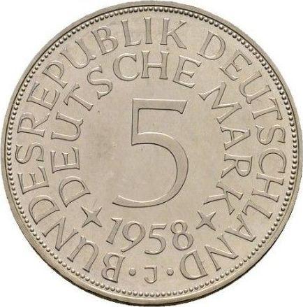 Аверс монеты - 5 марок 1958 года J - цена серебряной монеты - Германия, ФРГ