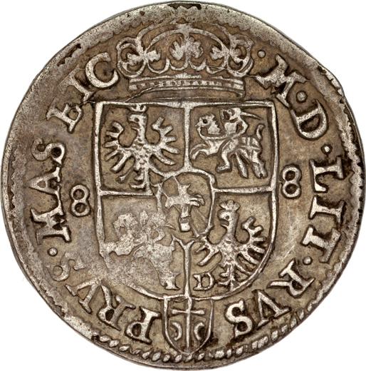 Реверс монеты - Трояк (3 гроша) 1588 года "Олькушский монетный двор" Сокращенная дата "88" - цена серебряной монеты - Польша, Сигизмунд III Ваза