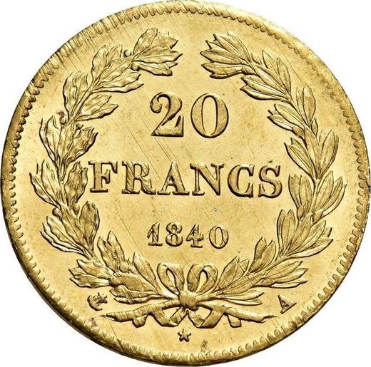 Reverso 20 francos 1840 A "Tipo 1832-1848" París - valor de la moneda de oro - Francia, Luis Felipe I