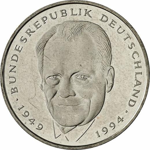 Аверс монеты - 2 марки 1998 года A "Вилли Брандт" - цена  монеты - Германия, ФРГ