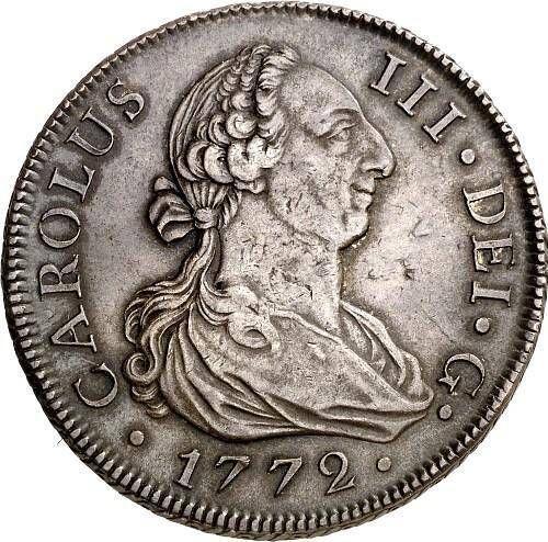 Аверс монеты - 8 реалов 1772 года S CF - цена серебряной монеты - Испания, Карл III