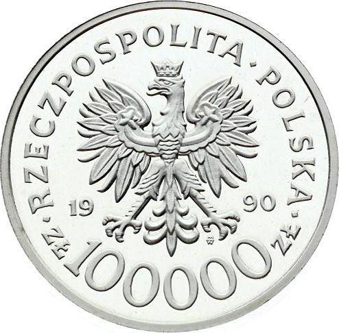 Obverse 100000 Zlotych 1990 "The 10th Anniversary of forming the Solidarity Trade Union" - Silver Coin Value - Poland, III Republic before denomination
