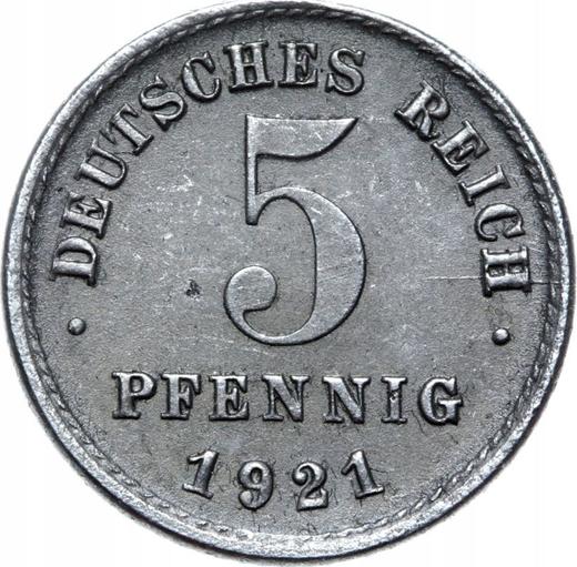 Аверс монеты - 5 пфеннигов 1921 года J - цена  монеты - Германия, Германская Империя