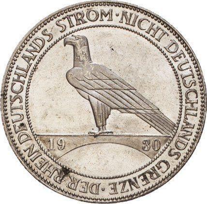 Reverso 5 Reichsmarks 1930 E "Liberación de Renania" - valor de la moneda de plata - Alemania, República de Weimar