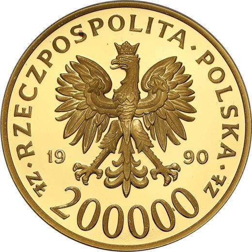 Аверс монеты - 200000 злотых 1990 года MW "10 лет профсоюзу "Солидарность"" - цена золотой монеты - Польша, III Республика до деноминации