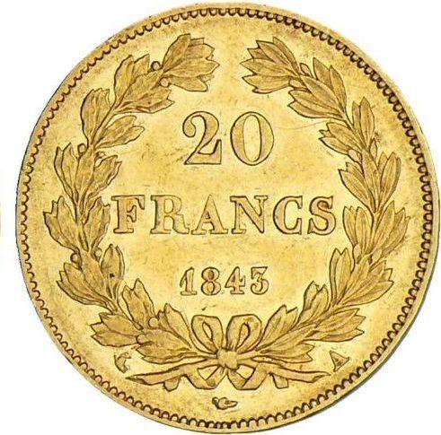 Reverse 20 Francs 1843 A "Type 1832-1848" Paris - France, Louis Philippe I