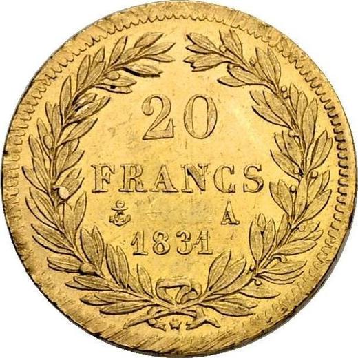 Rewers monety - 20 franków 1831 A "Rant wypukły" Paryż - cena złotej monety - Francja, Ludwik Filip I