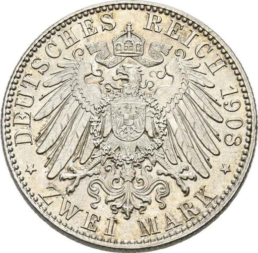 Реверс монеты - 2 марки 1908 года E "Саксония" - цена серебряной монеты - Германия, Германская Империя