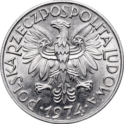 Аверс монеты - 5 злотых 1974 года MW WJ JG "Рыбак" На траве - цена  монеты - Польша, Народная Республика