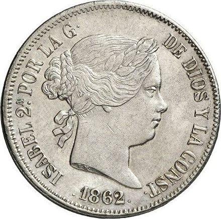 Anverso 20 reales 1862 "Tipo 1855-1864" Estrellas de siete puntas - valor de la moneda de plata - España, Isabel II
