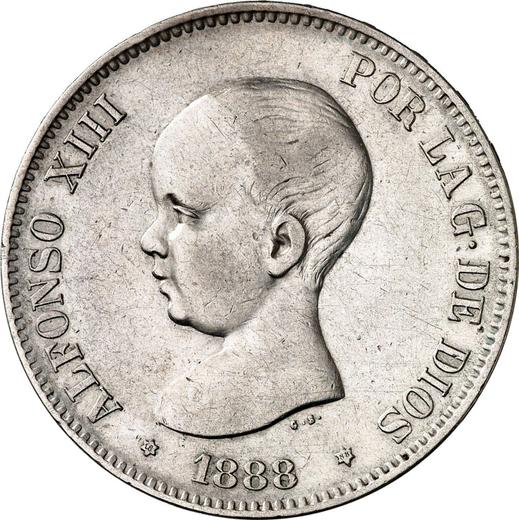 Аверс монеты - 5 песет 1888 года MSM - цена серебряной монеты - Испания, Альфонсо XIII
