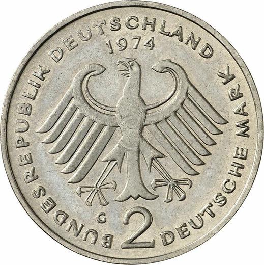Rewers monety - 2 marki 1974 G "Theodor Heuss" - cena  monety - Niemcy, RFN