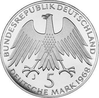 Reverso 5 marcos 1968 J "Raiffeisen" - valor de la moneda de plata - Alemania, RFA