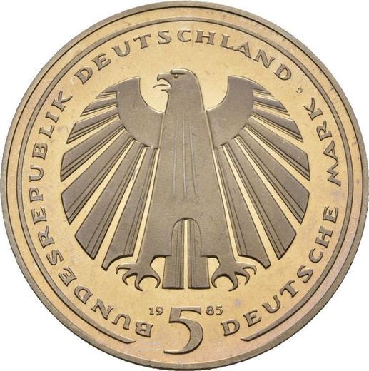Reverso 5 marcos 1985 G "Ferrocarril" - valor de la moneda  - Alemania, RFA