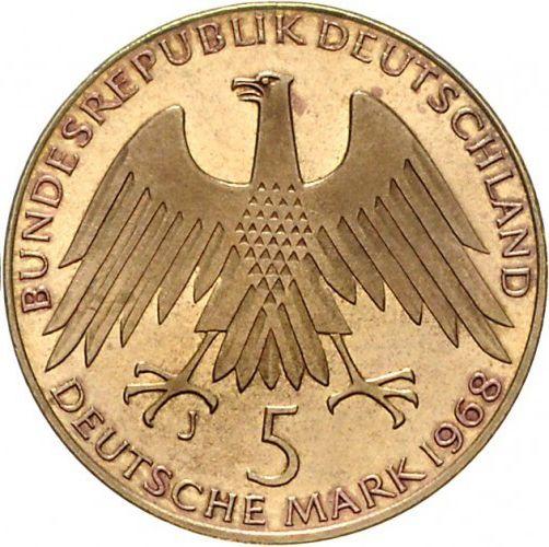 Reverse 5 Mark 1968 J "Raiffeisen" Brass -  Coin Value - Germany, FRG