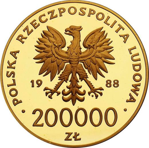 Reverso 200000 eslotis 1988 MW ET "Juan Pablo II - 10 años de Pontificado" - valor de la moneda de oro - Polonia, República Popular