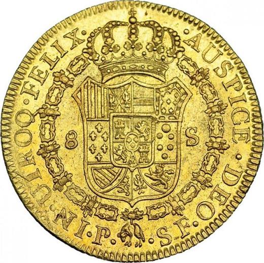 Реверс монеты - 8 эскудо 1785 года P SF - цена золотой монеты - Колумбия, Карл III
